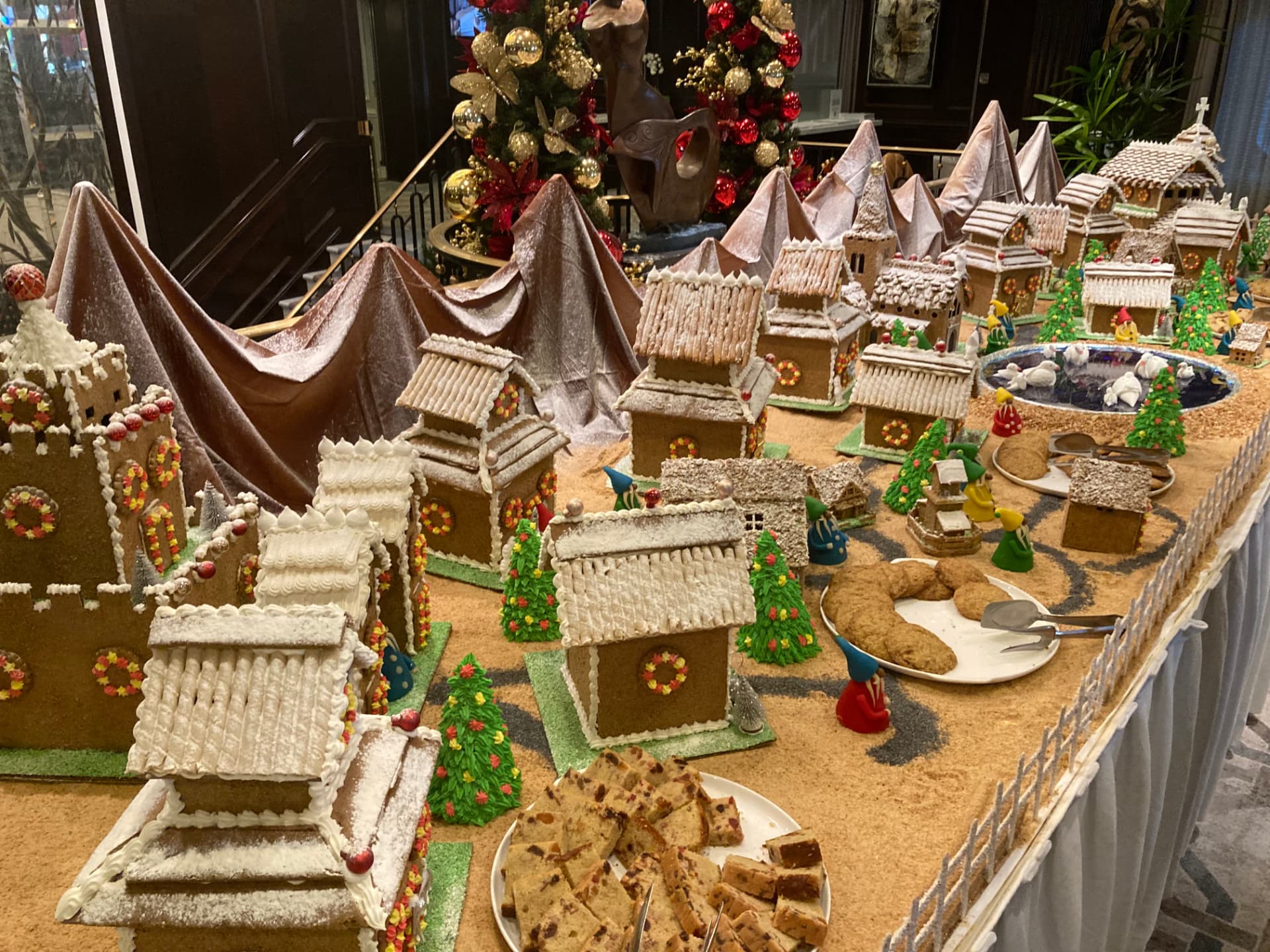 Gingerbread village display aboard Oceania Sirena during a Christmas Caribbean sailing