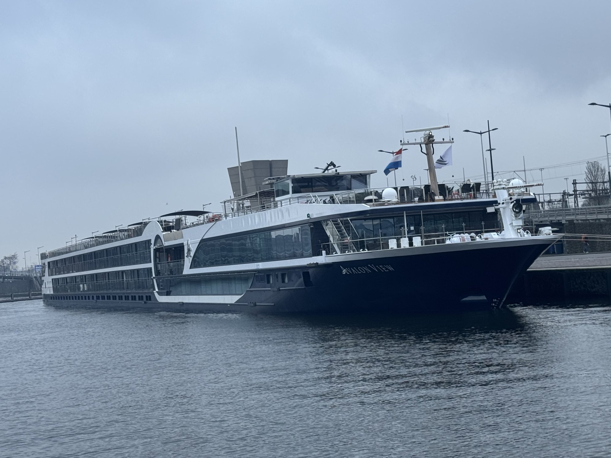 Avalon View river cruise ship docked in Amsterdam