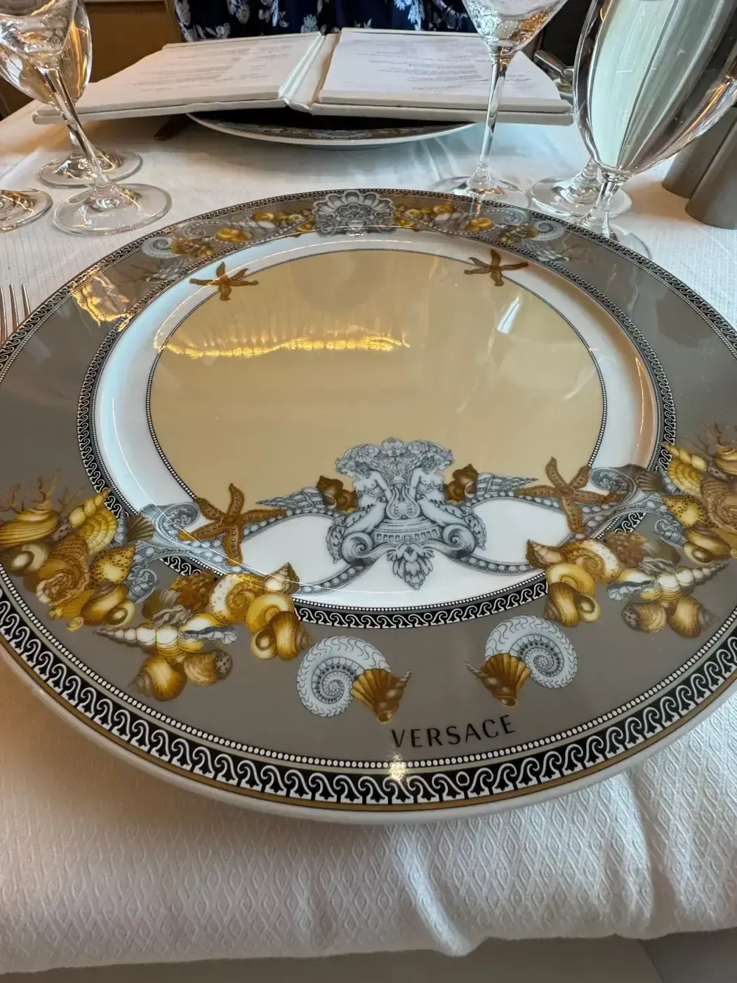 Versace charger plate used in Compass Rose on Regent Seven Seas