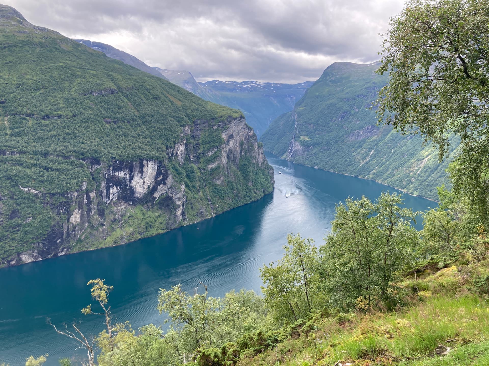 Silver Dawn anchored in Geirangerfjord, seen from the Eagle Road overlook