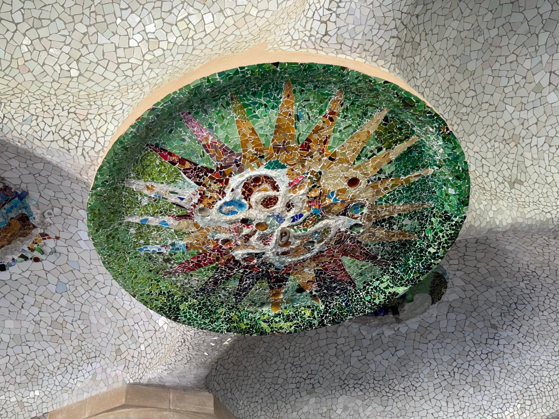 Trencadís mosaic ceiling medallion at Park Güell