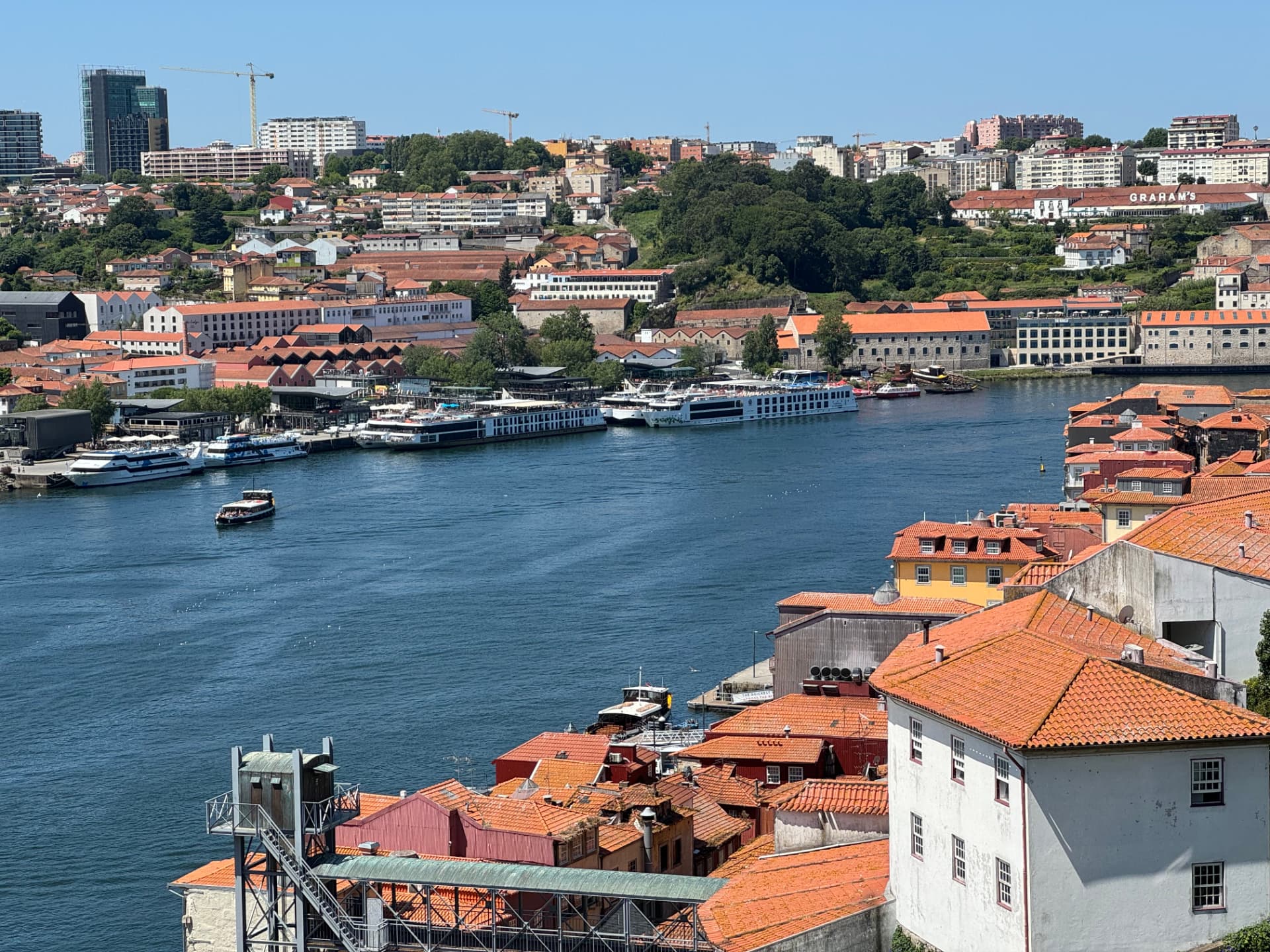 The Douro River winding between Porto and Vila Nova de Gaia, with port lodges along the far bank