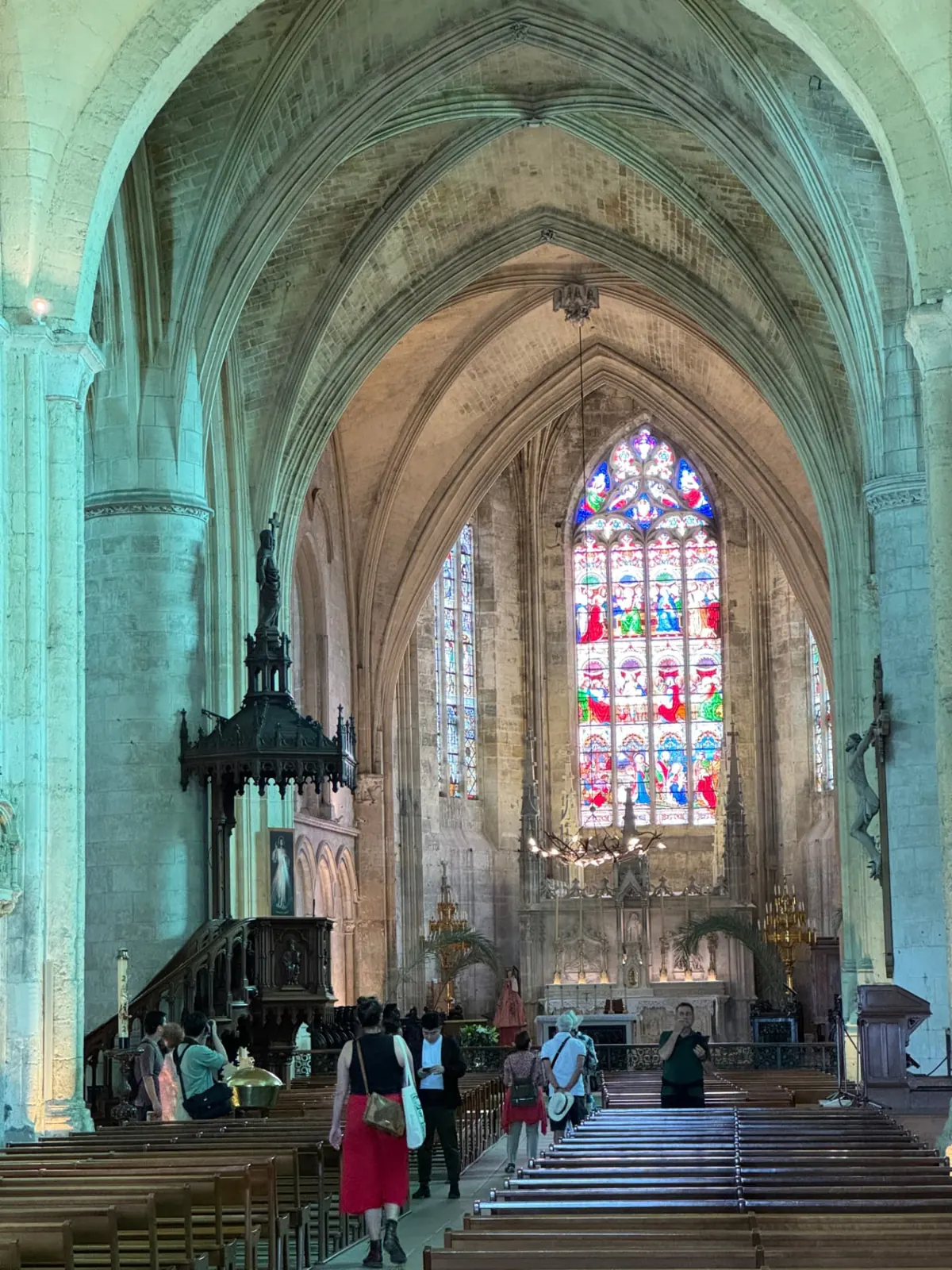 Stained glass windows inside the monolithic church in Saint-Émilion