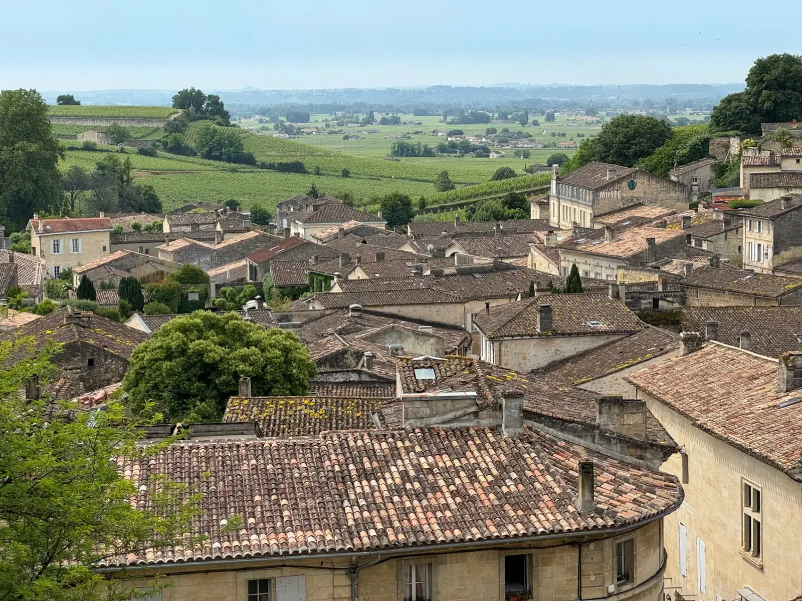 Saint-Émilion rooftops giving way to the surrounding vineyards