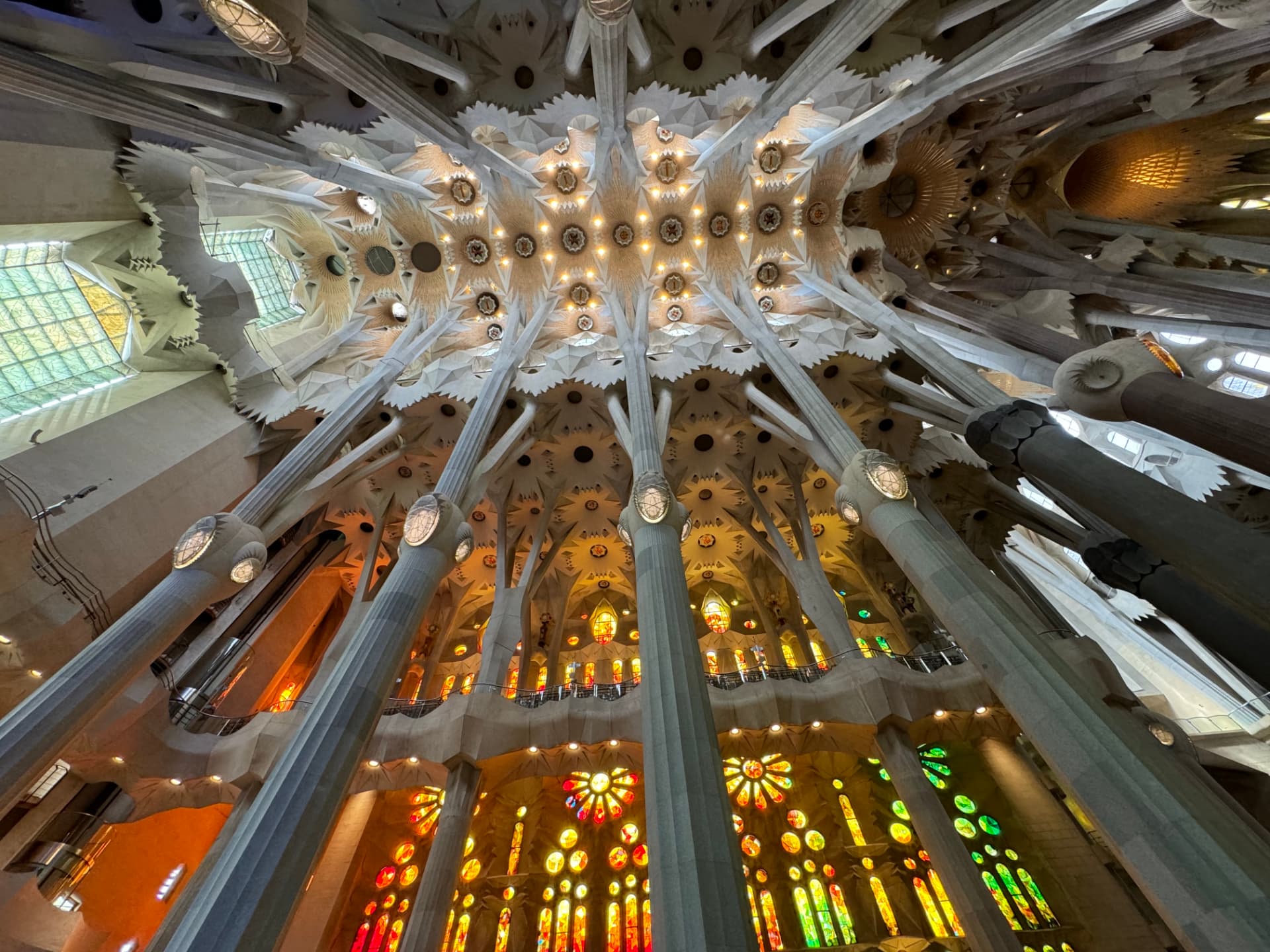 Stained glass and columns inside the Sagrada Família, Barcelona