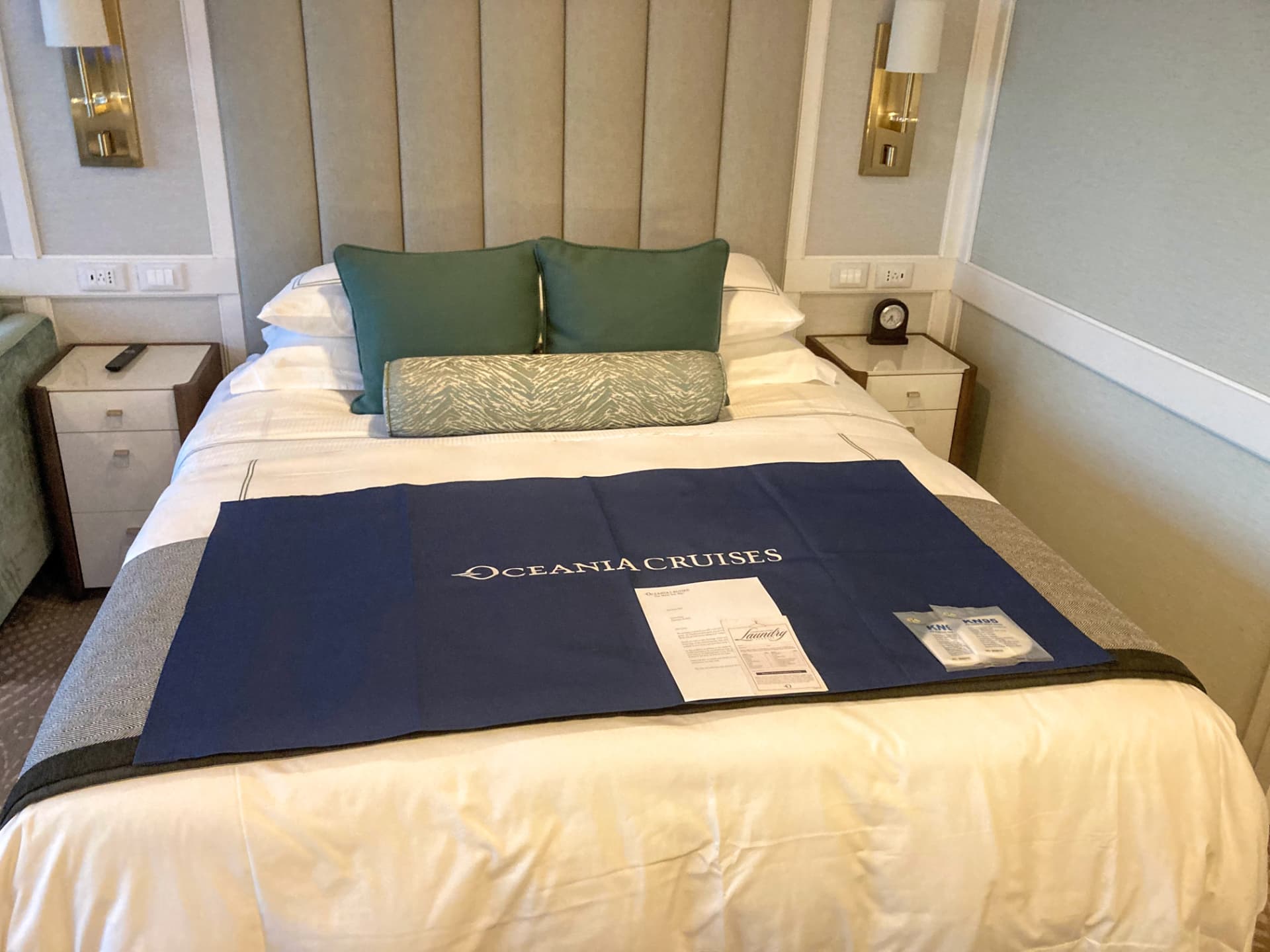 Penthouse suite bedroom aboard Oceania Sirena