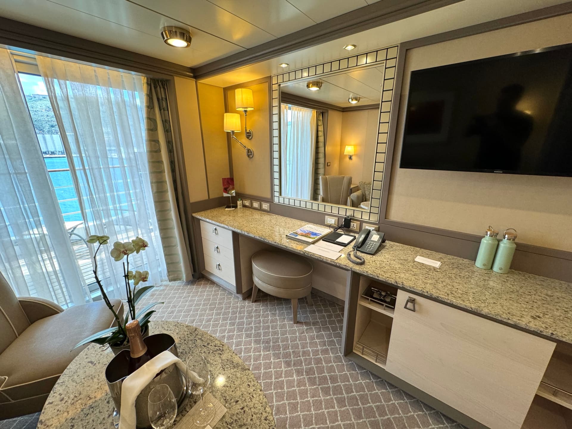 Silver Spirit suite vanity and dressing area with sea view