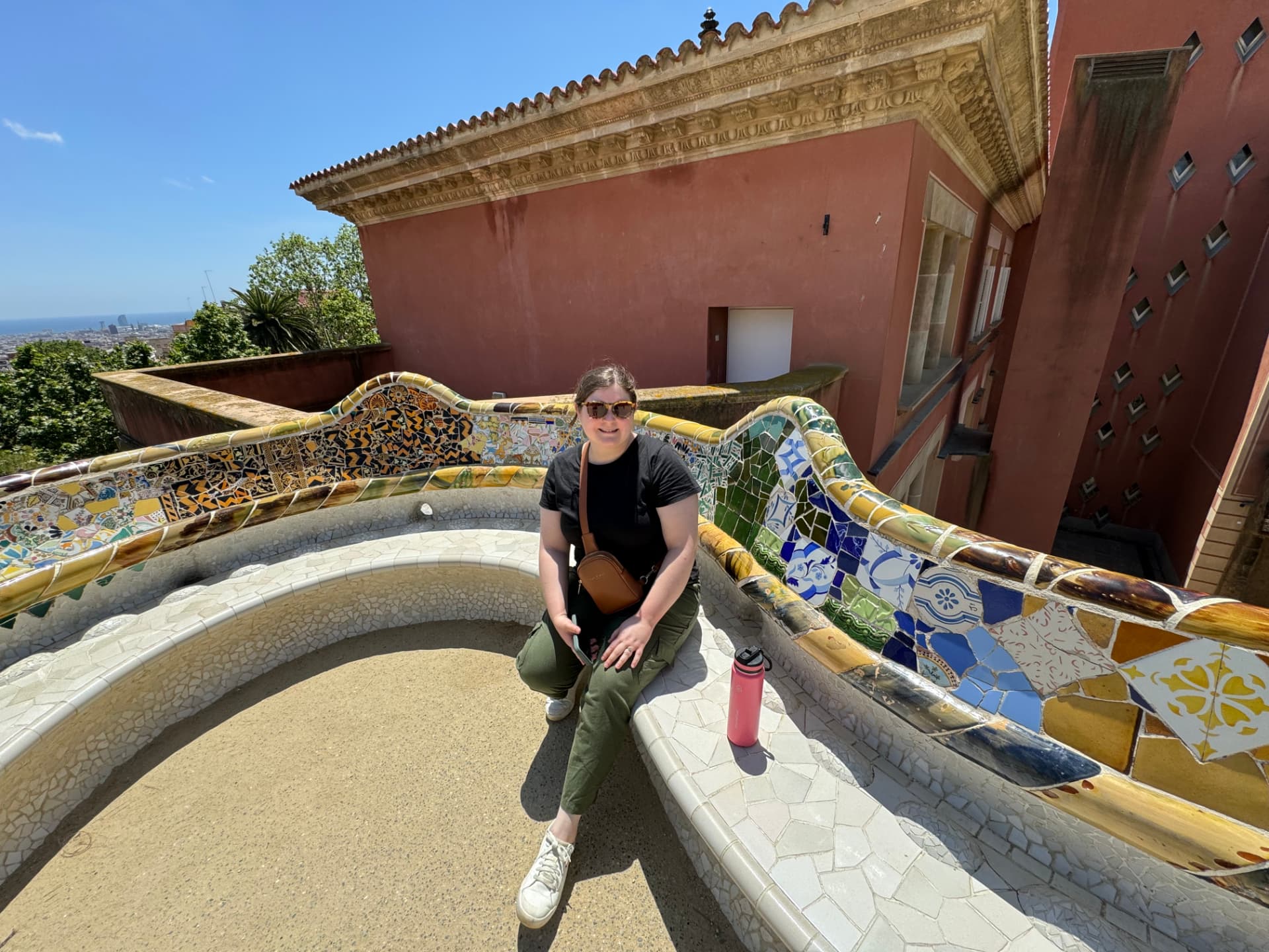 The mosaic serpentine bench at Park Güell overlooking Barcelona