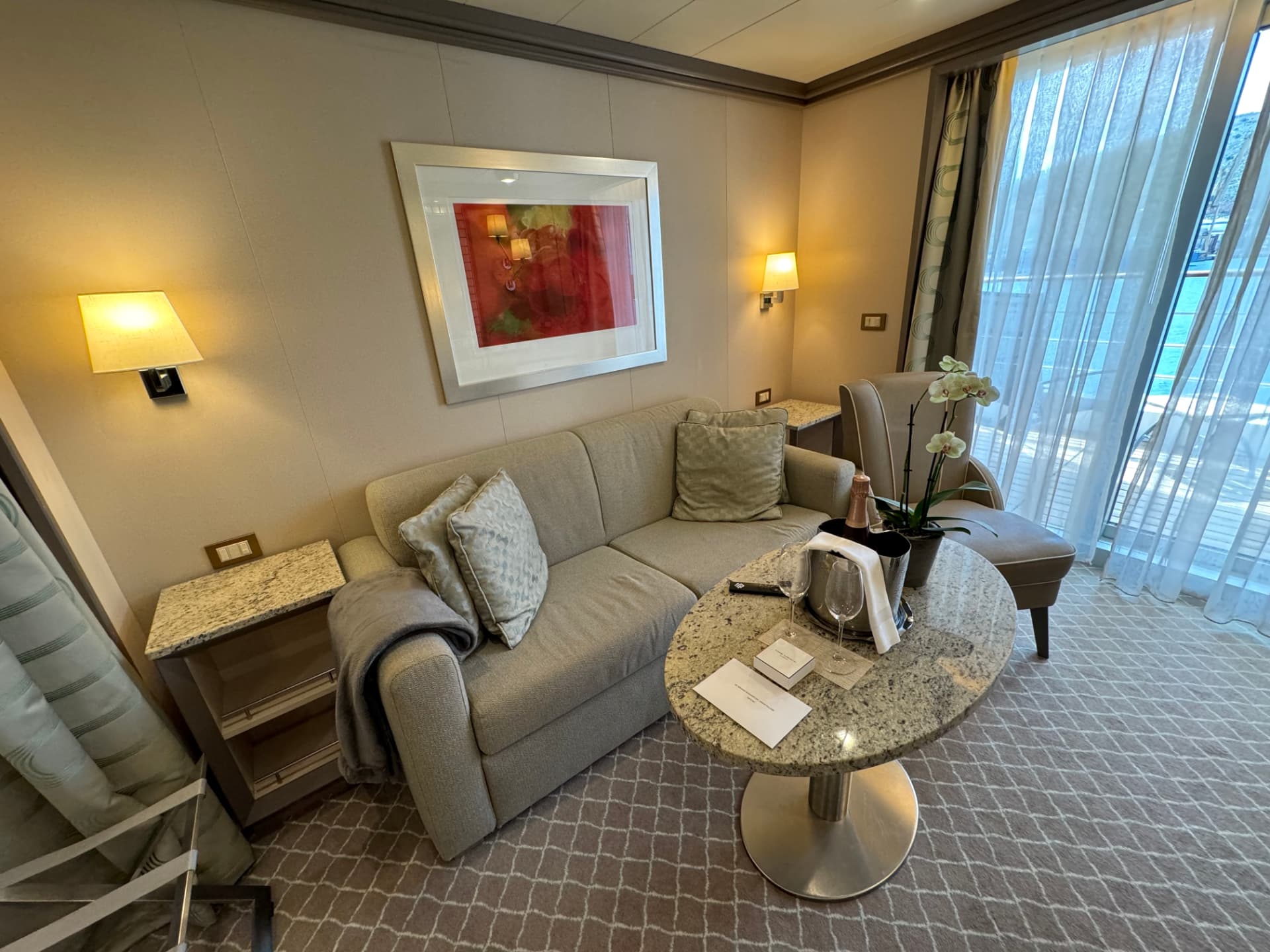 Silver Spirit suite living area with welcome champagne