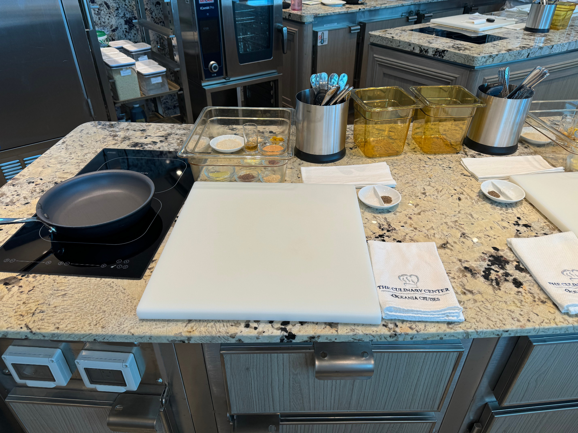 A guest workstation at The Culinary Center aboard an Oceania ship