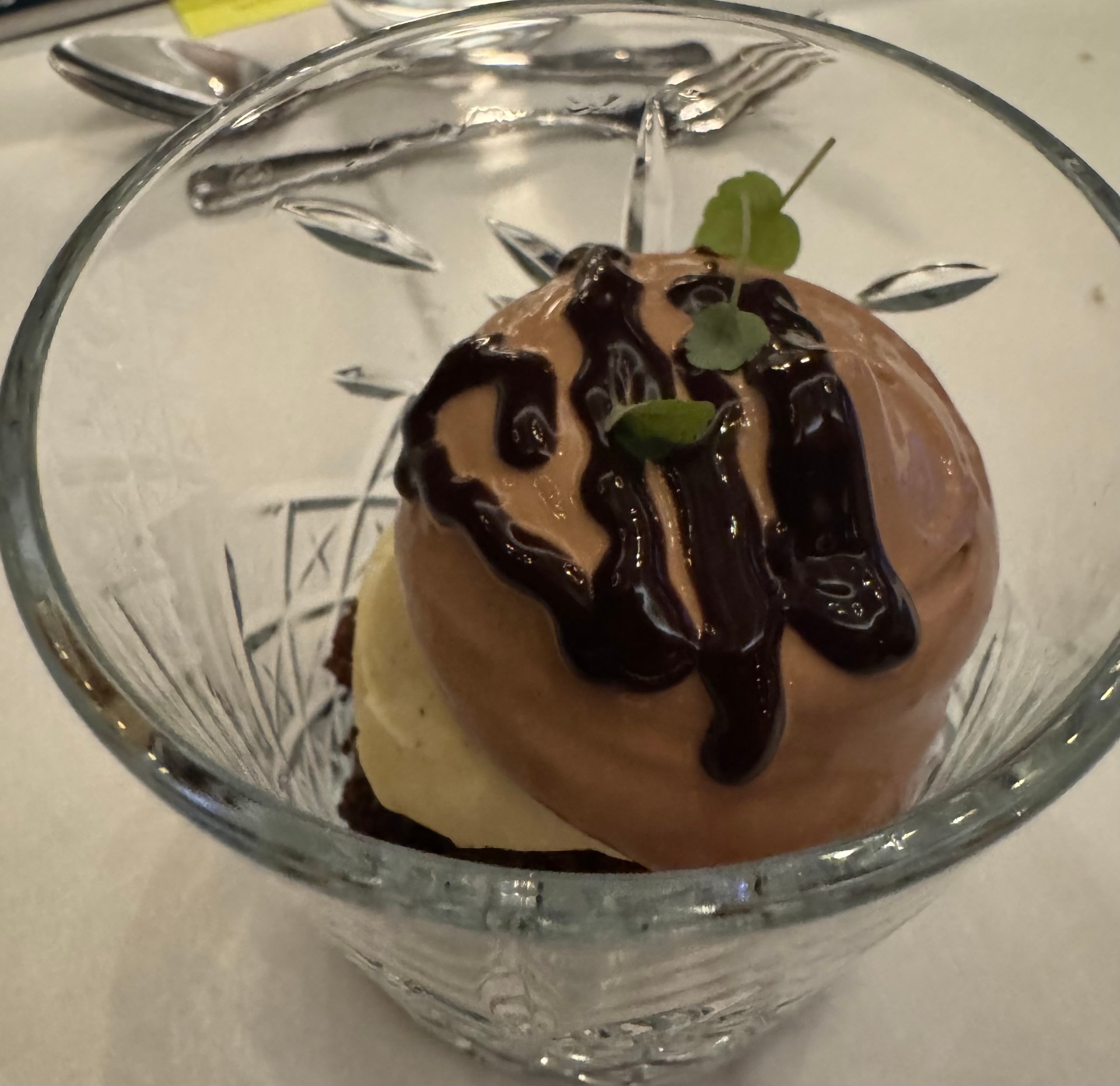 Chocolate dessert in a crystal coupe