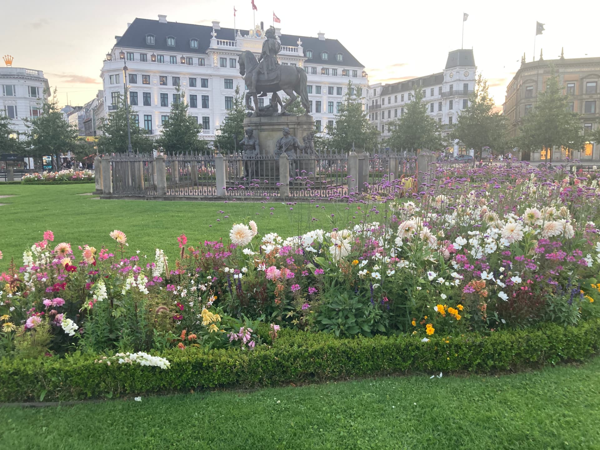 Summer flower beds at Kongens Nytorv in Copenhagen before embarkation
