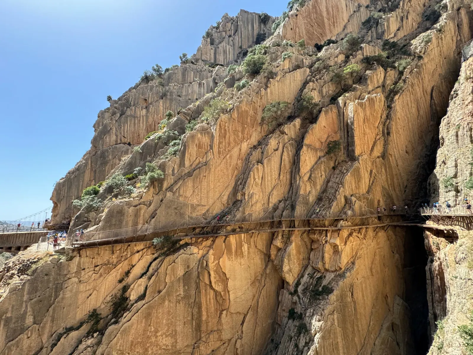 The Caminito del Rey walkway pinned to a golden cliff face in Andalusia