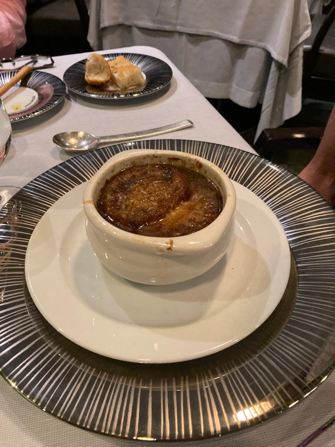 Classic French onion soup with gruyère crouton at Jacques
