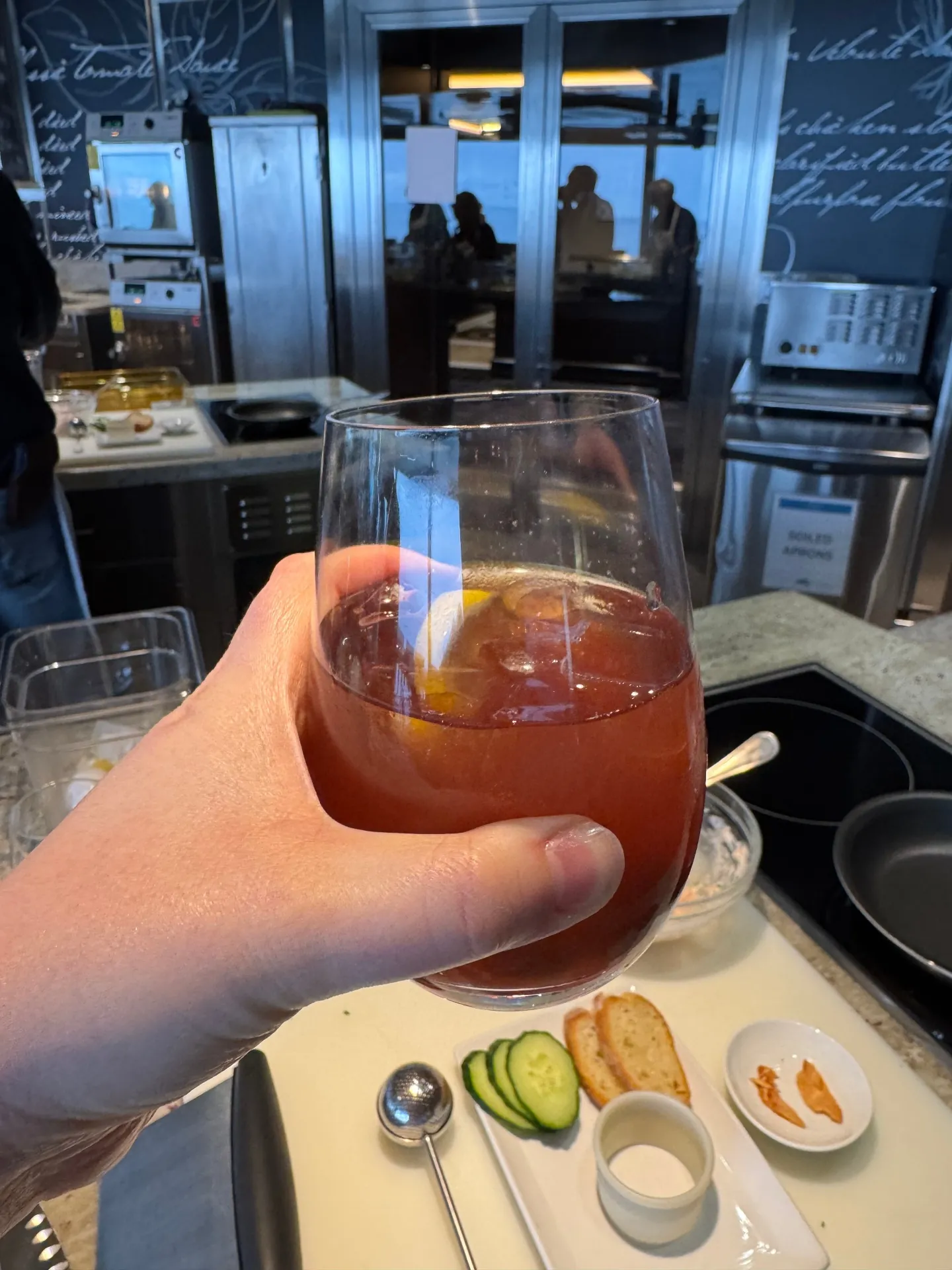 Cocktail served during a class inside Regent's Culinary Arts Kitchen