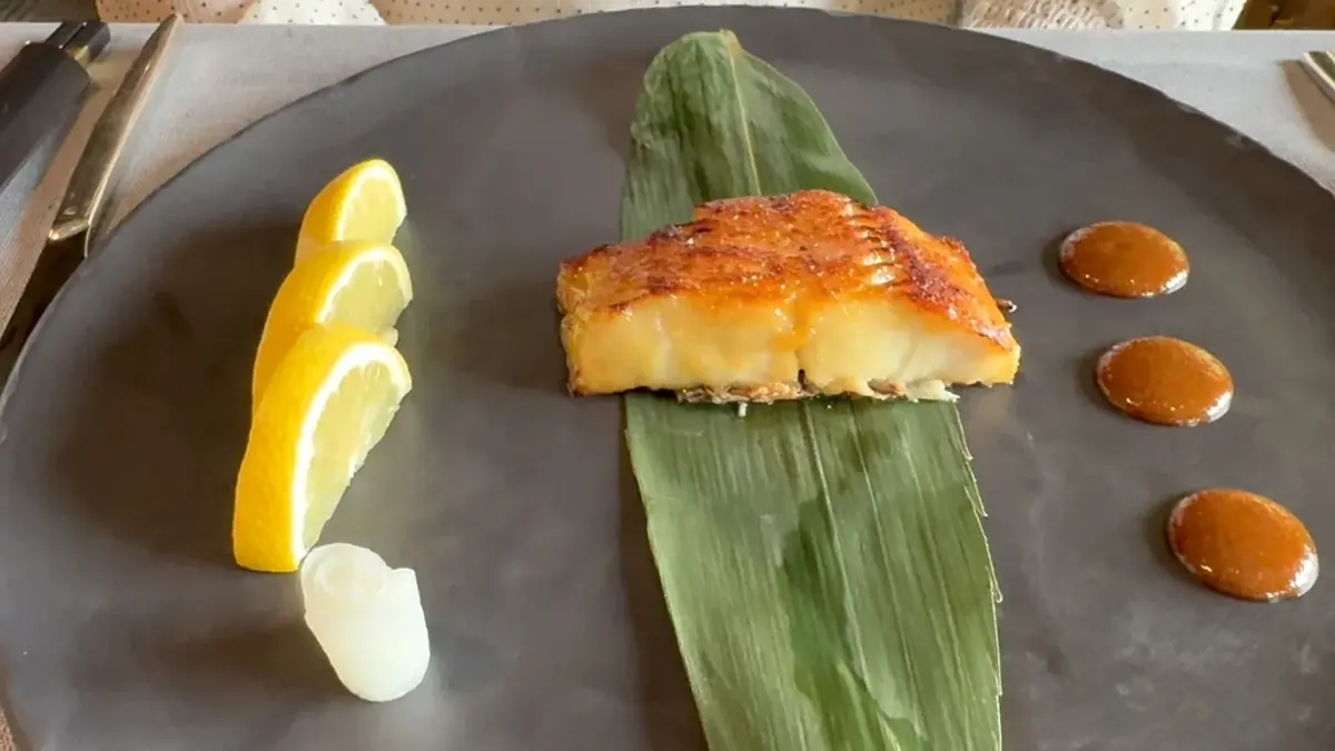 Caramelized miso sea bass on a bamboo leaf at Pacific Rim on Regent Seven Seas