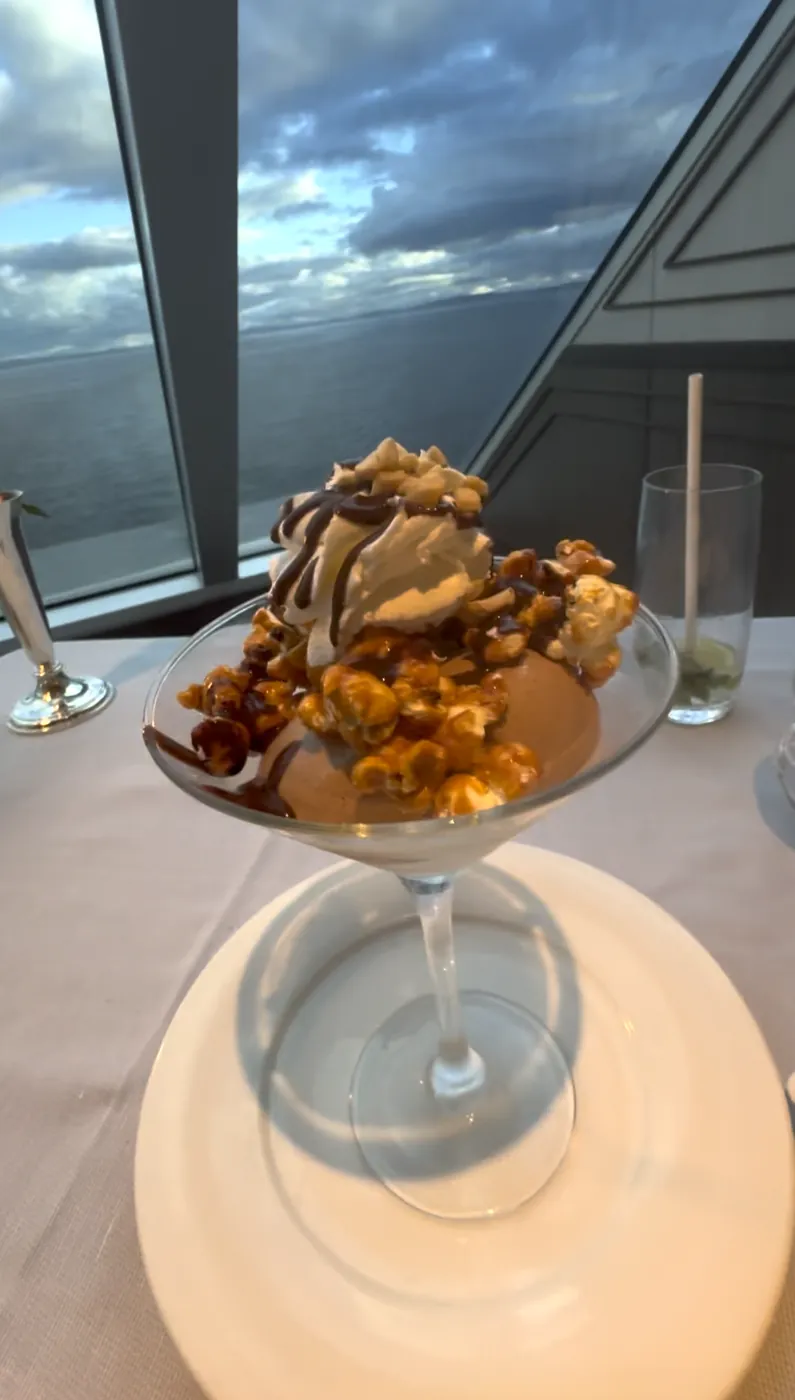 Caramel Popcorn Sundae at Prime 7 on Regent Seven Seas, with caramelised popcorn, whipped cream and chocolate sauce