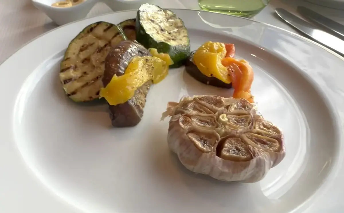 Grilled vegetables and roasted garlic from the cold buffet at Sette Mari at La Veranda