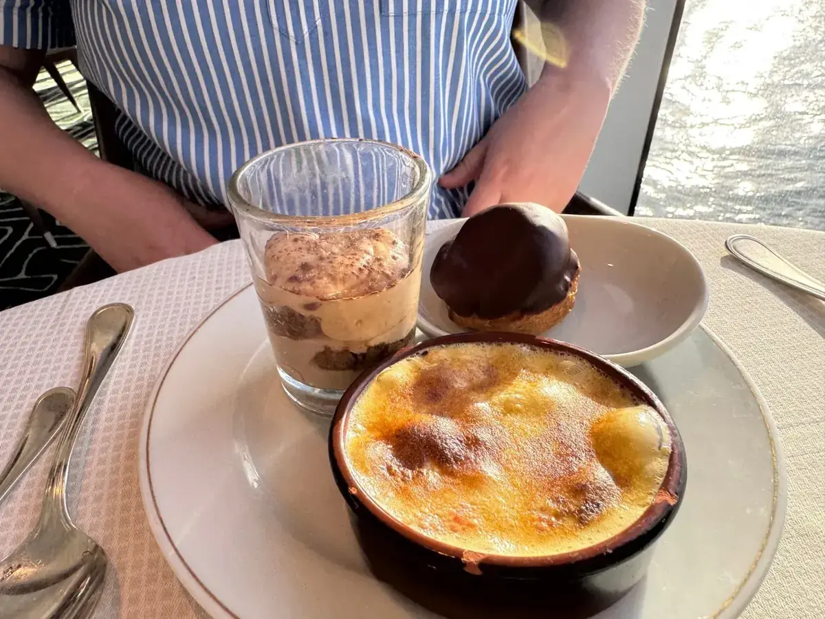 Tiramisu, crème brûlée and a chocolate profiterole from the Sette Mari dessert buffet