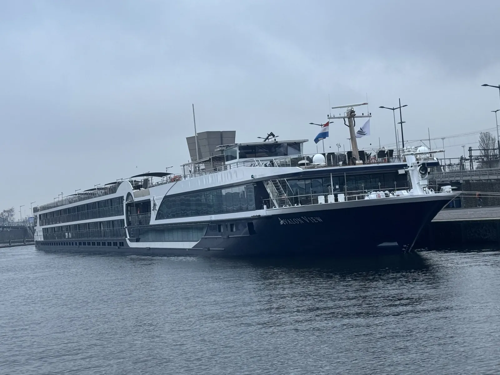 Avalon View river cruise ship docked in Amsterdam