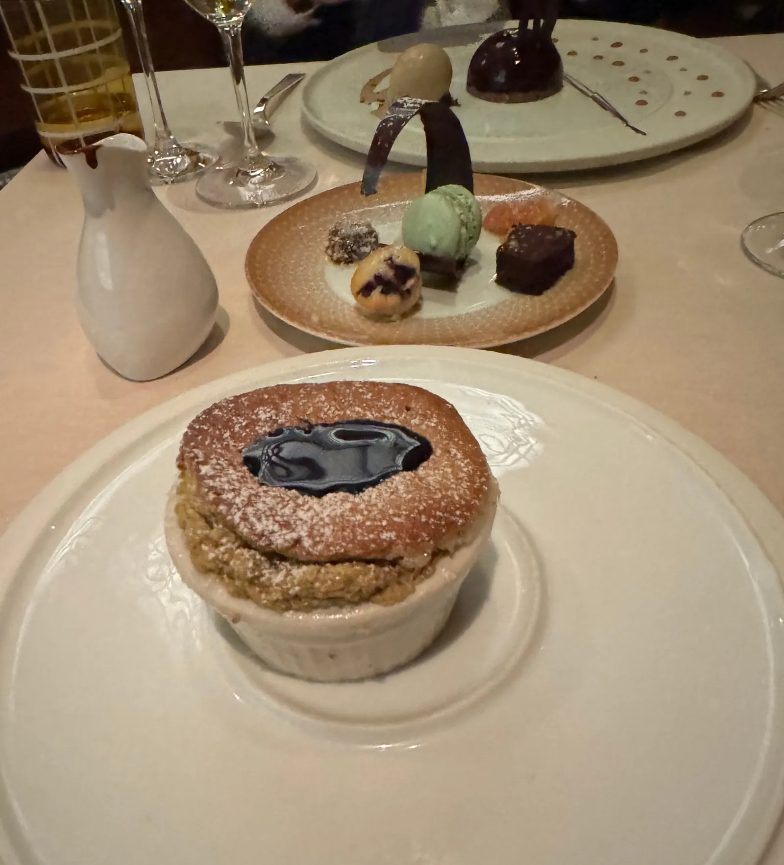 Warm soufflé and petit-fours plate served after dinner on Silversea