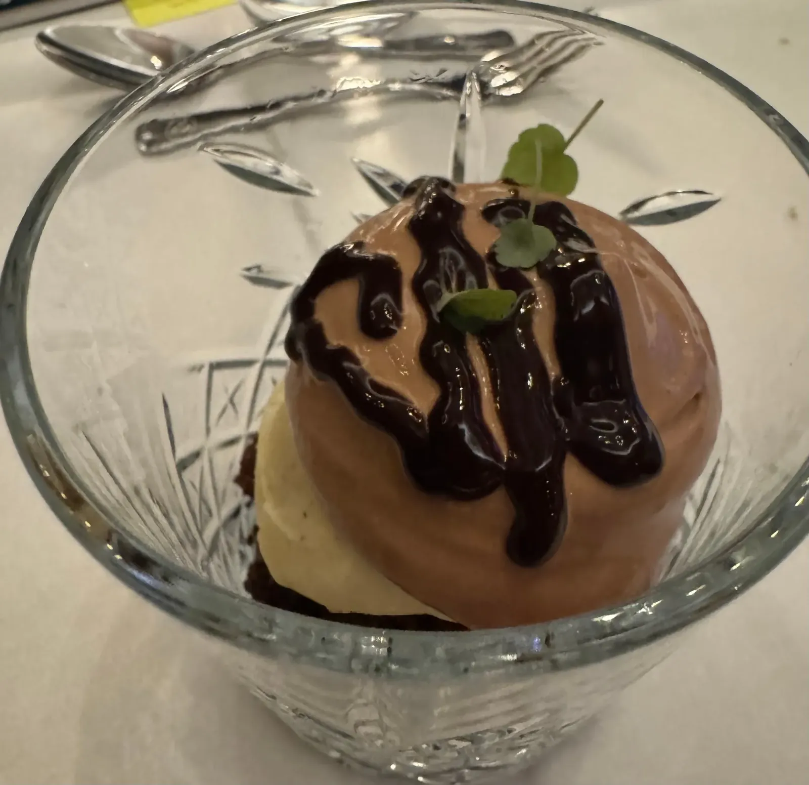 Chocolate dessert in a crystal coupe